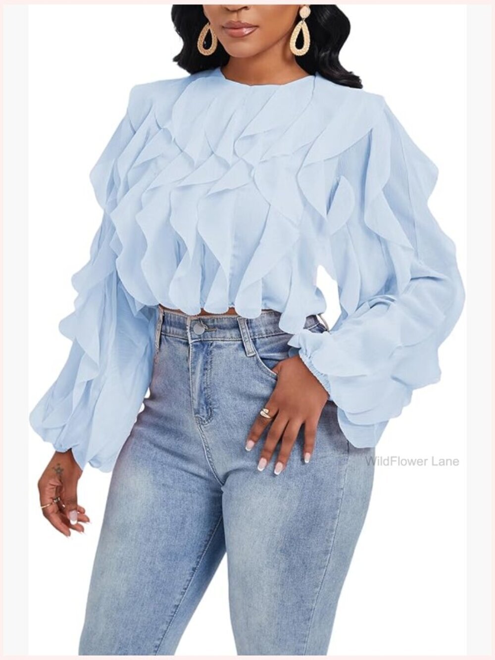 Long Sleeve Pleated Ruffle Chiffon Blouse Party Top